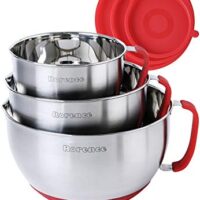 Rorence Stainless Steel Non-Slip Mixing Bowls With Pour Spout, Handle and Lid, Nesting Set of 3, Red