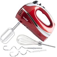 VonShef Electric Hand Mixer Whisk With Stainless Steel Attachments, 5-Speed and Turbo Button, Includes; Beaters, Dough Hooks and Balloon Whisk - Red
