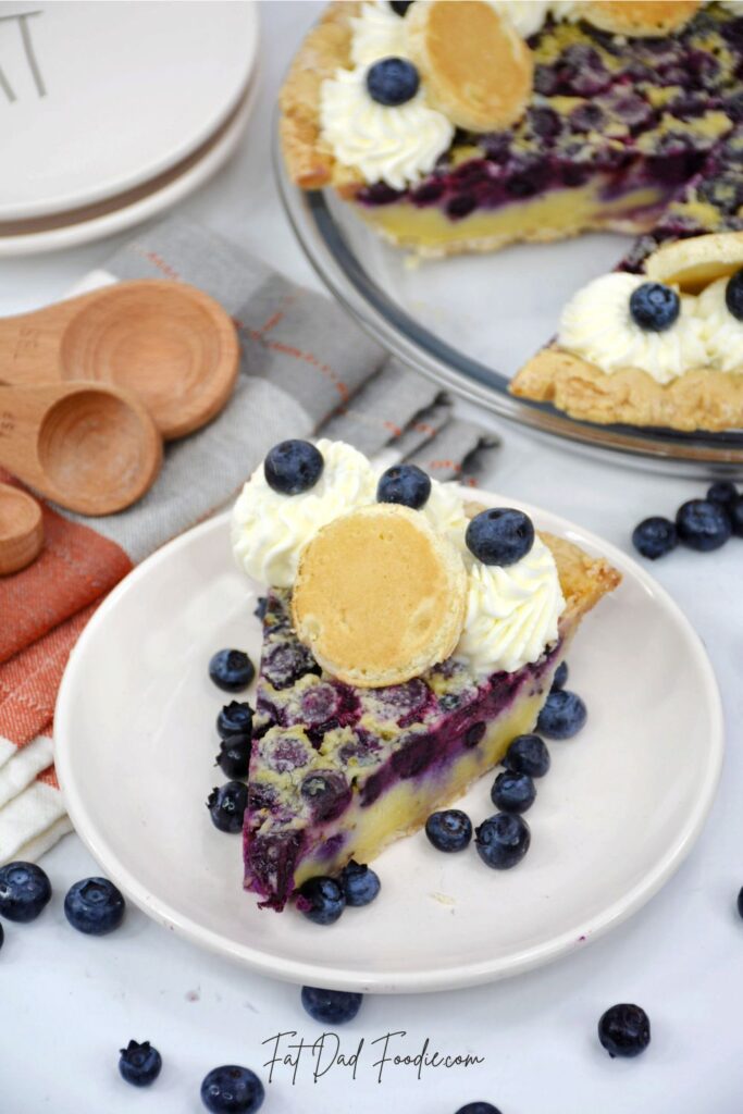 blueberry pancake pie on white plate