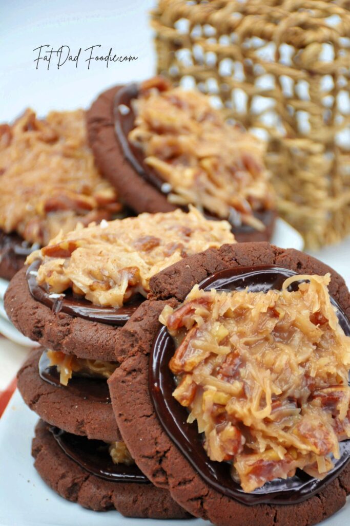 german chocolate cookies with ganache and coconut topping
