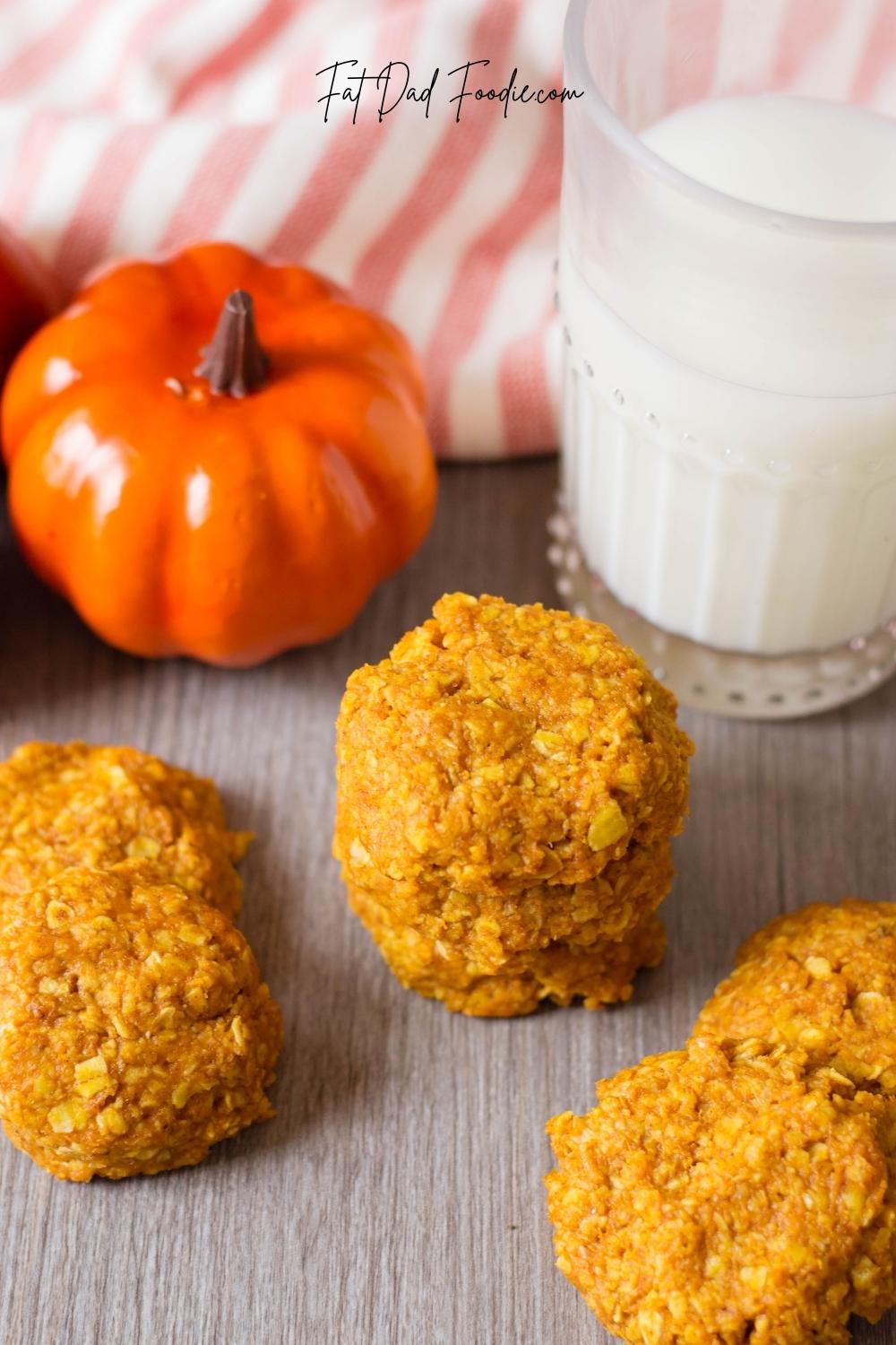 no bake pumpkin oatmeal cookies with milk and striped towel
