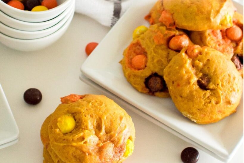 reeces pieces pumpkin cookies with candy in bowl