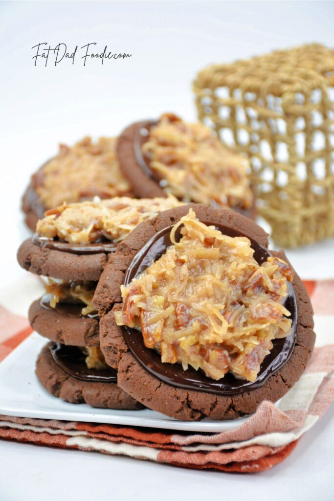 stacked german chocolate cookies topped with pecans and coconut