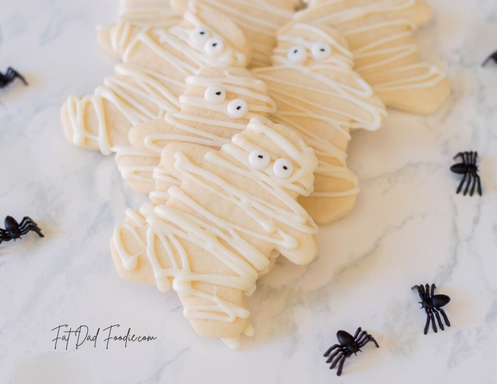 stacked mummy sugar cookies and spiders