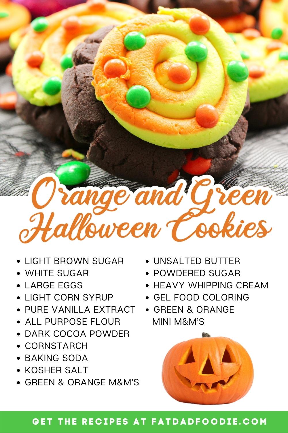 orange and green halloween cookies with ingredients