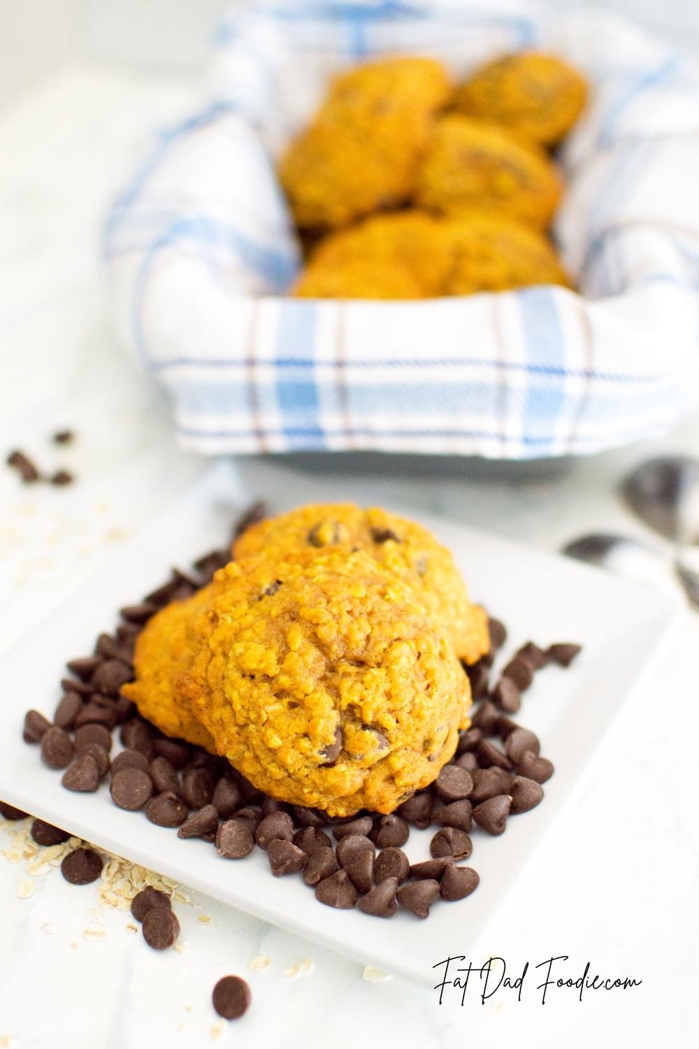 pumpkin oatmeal cookies on a plate with chocolate chips