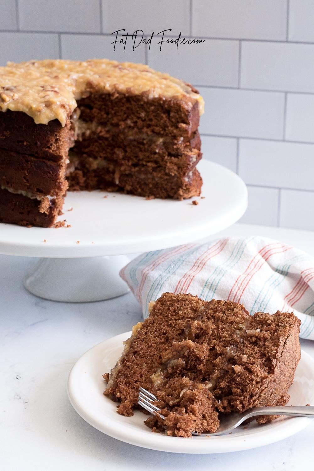 german chocolate cake recipe with fork in piece of cake
