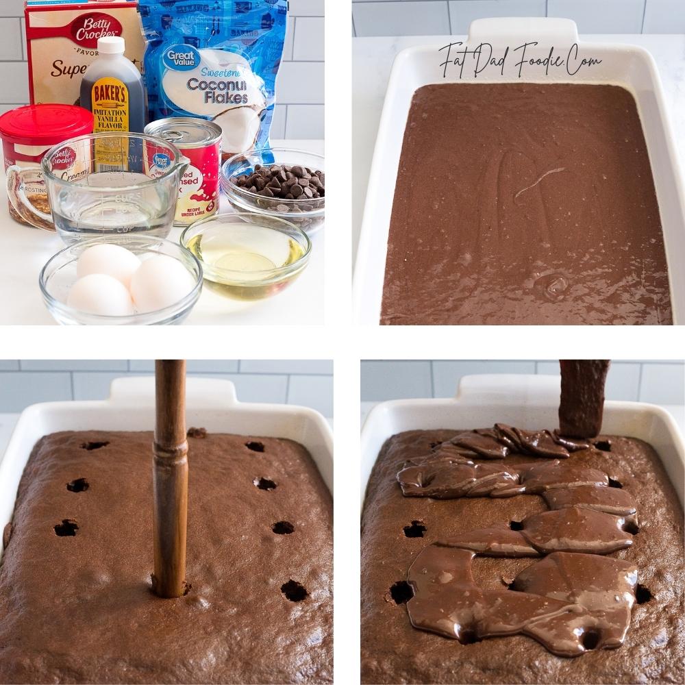 german chocolate poke cake in process