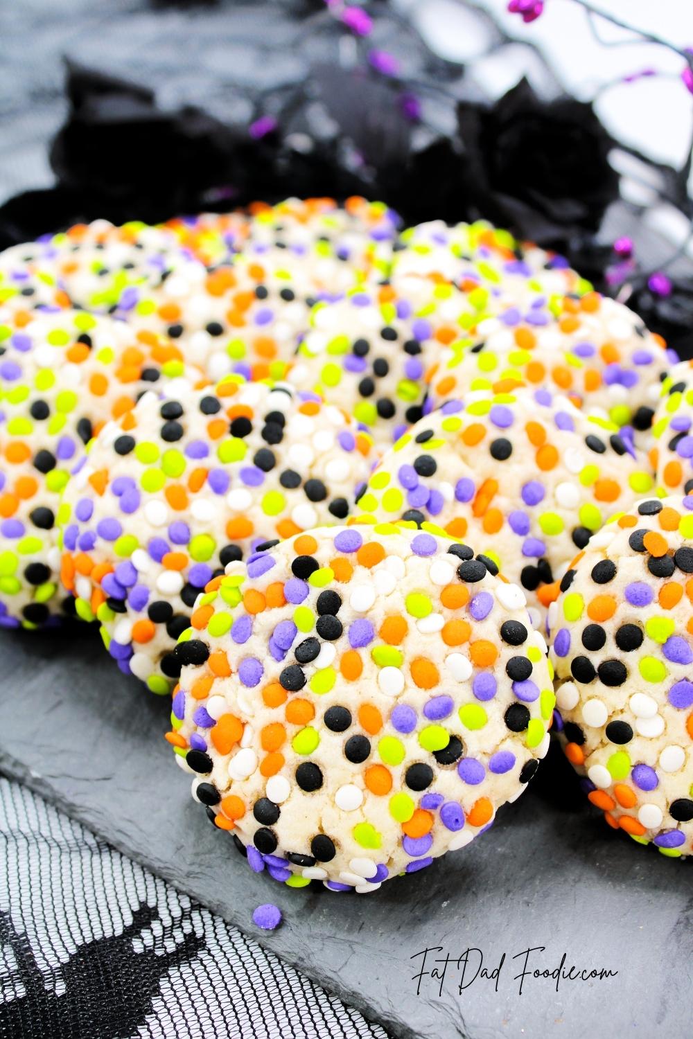 halloween confetti cookies on black lace