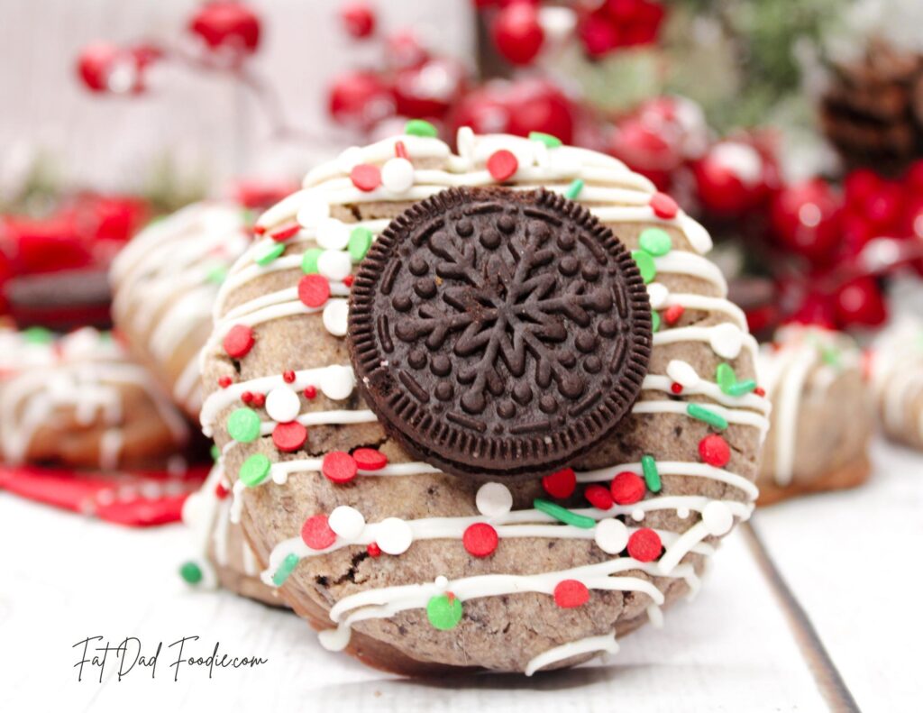 iced christmas oreo cookie with sprinkles