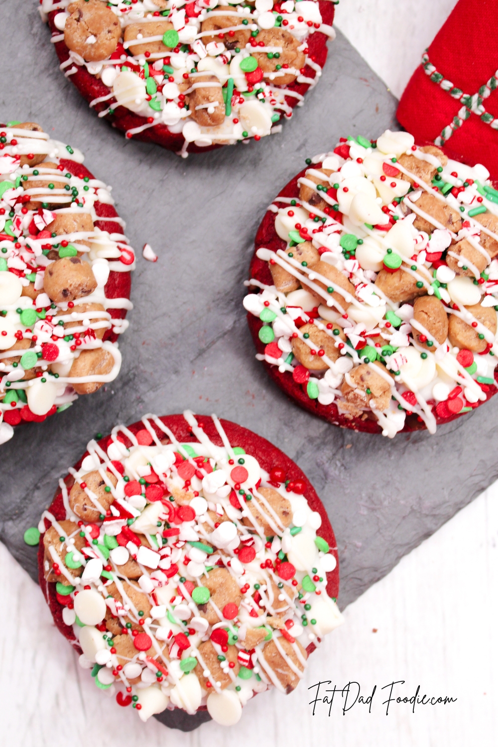 loaded red velvet cookies recipe with holiday towel