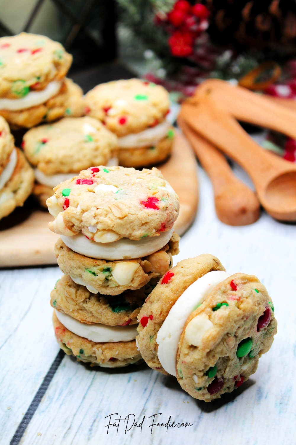 oatmeal christmas sandwich cookie with wooden spoons