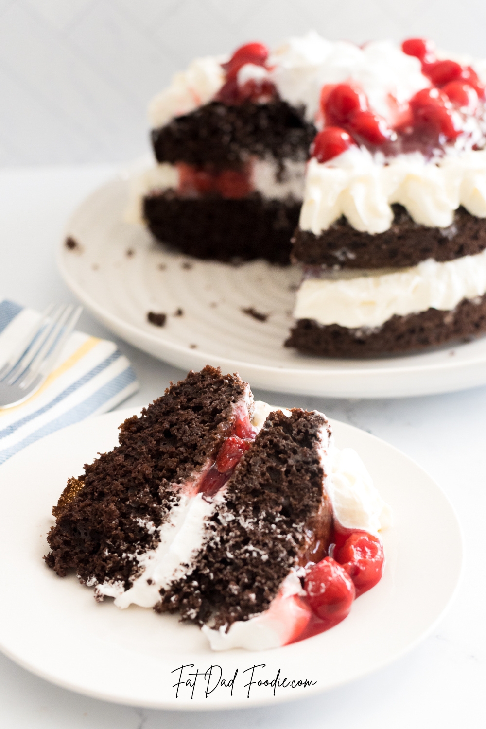 layered black forest cake on plate