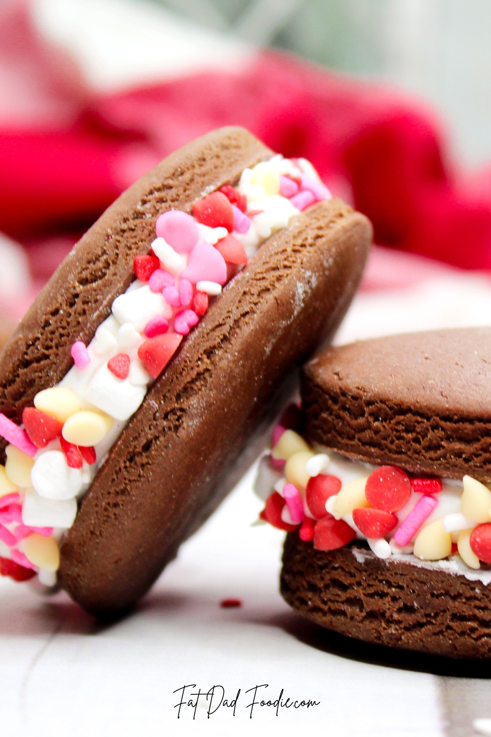 Valentine Chocolate Sandwich Cookie Recipe stacked with cupid sprinkle mix