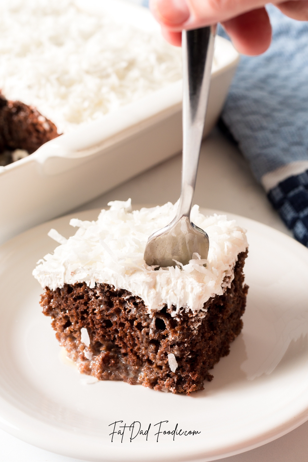 chocolate coconut poke cake fork