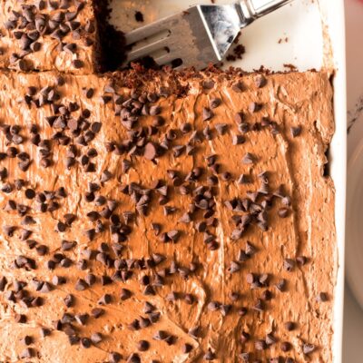 ultimate chocolate poke cake in pan