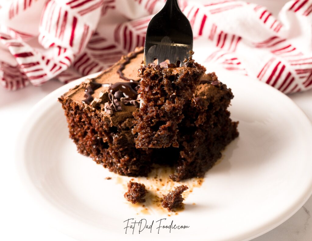 death by chocolate poke cake forkful