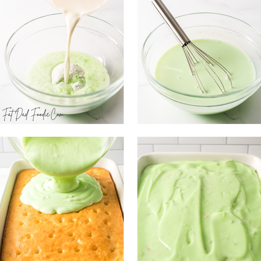 pistachio poke cake in process pudding