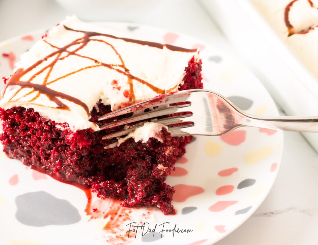 red velvet poke cake chocolate drizzle