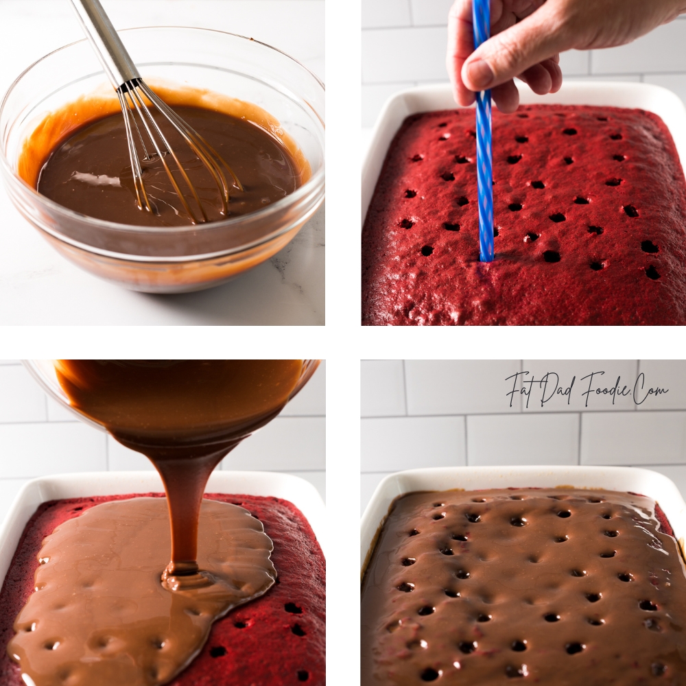 red velvet poke cake in process making holes